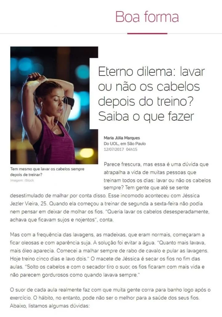 Lavagem de cabelos pós treino