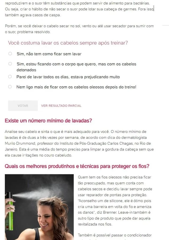 cabelos sujos após o treino