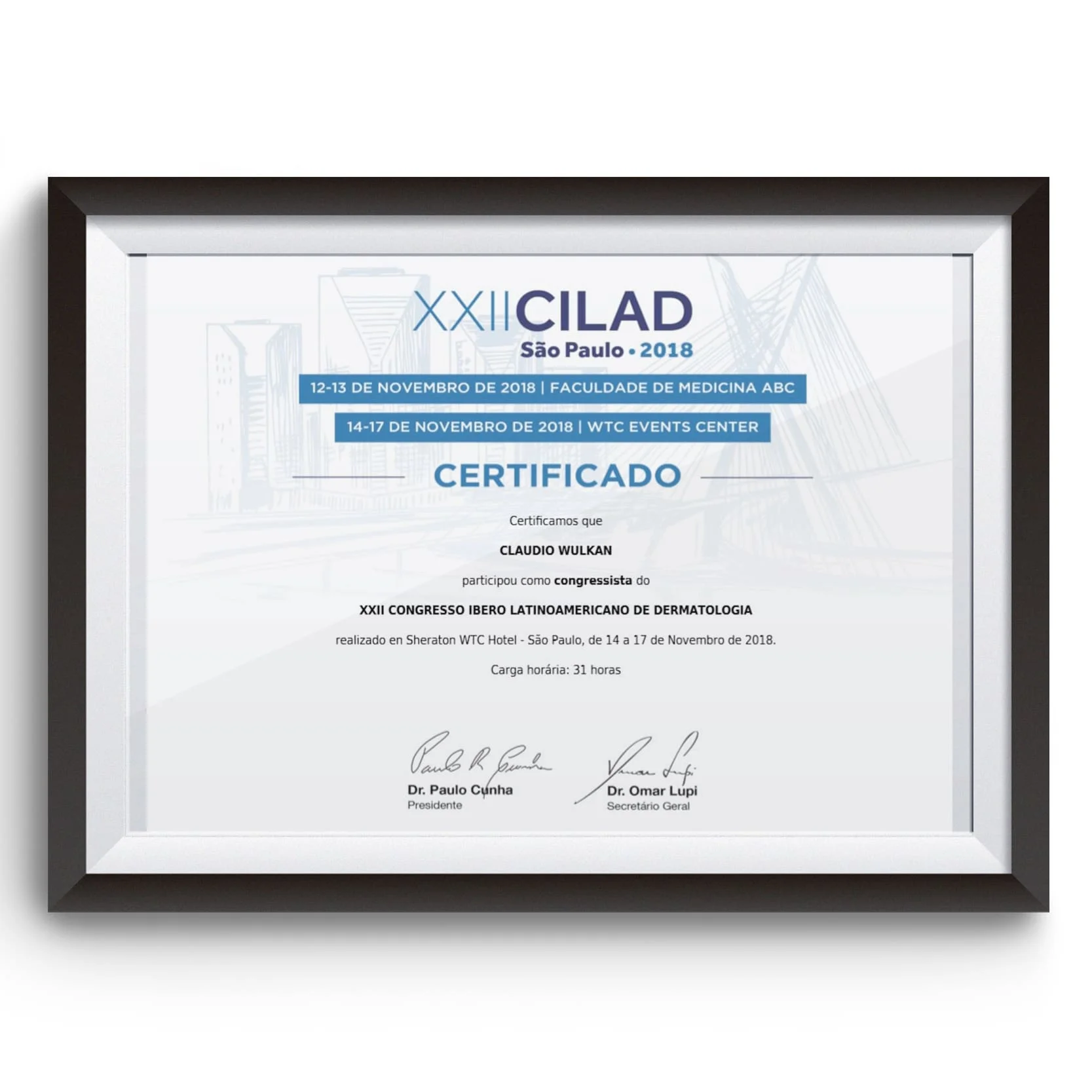 Diploma e certificado do Dr. Claudio Wulkan