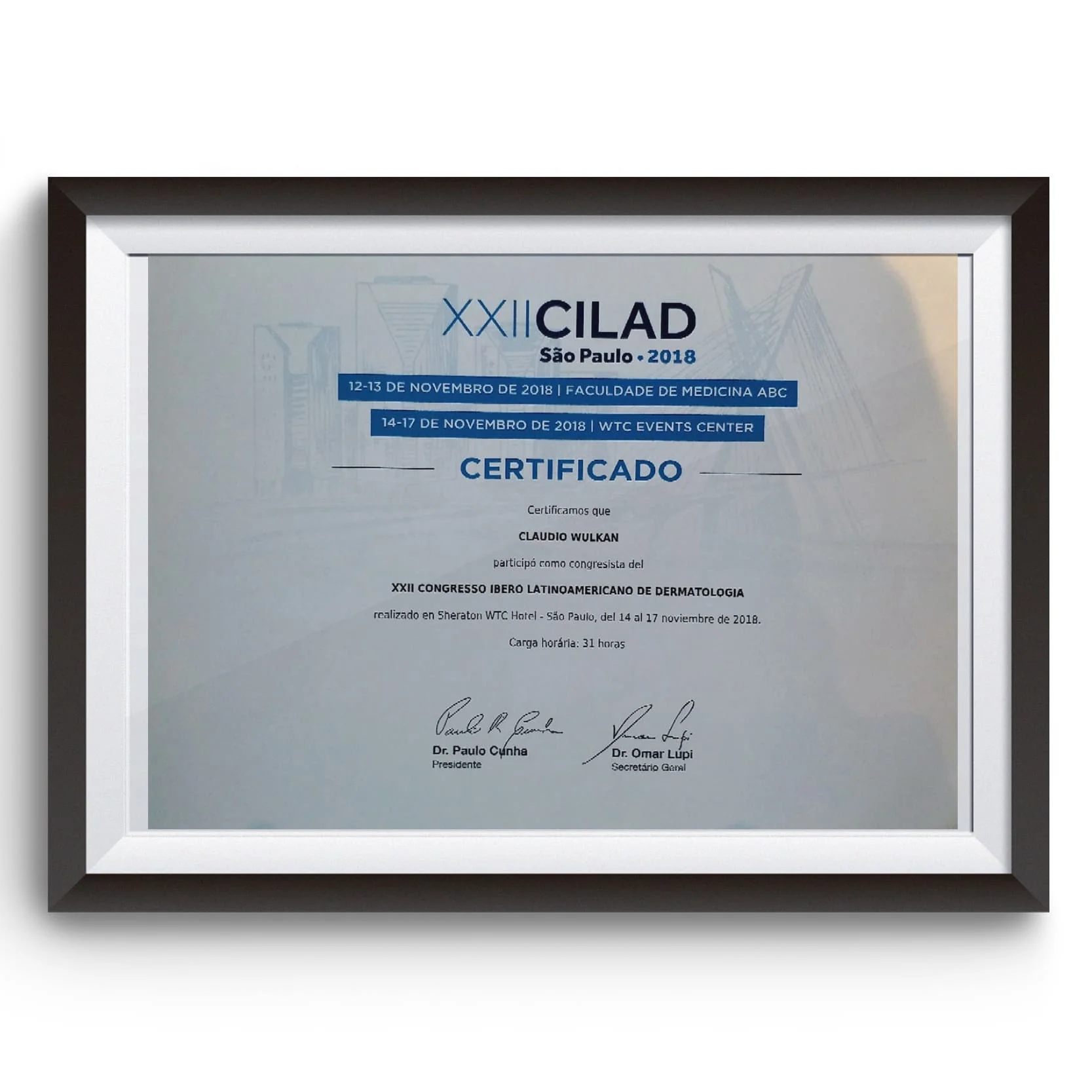 Diploma e certificado do Dr. Claudio Wulkan