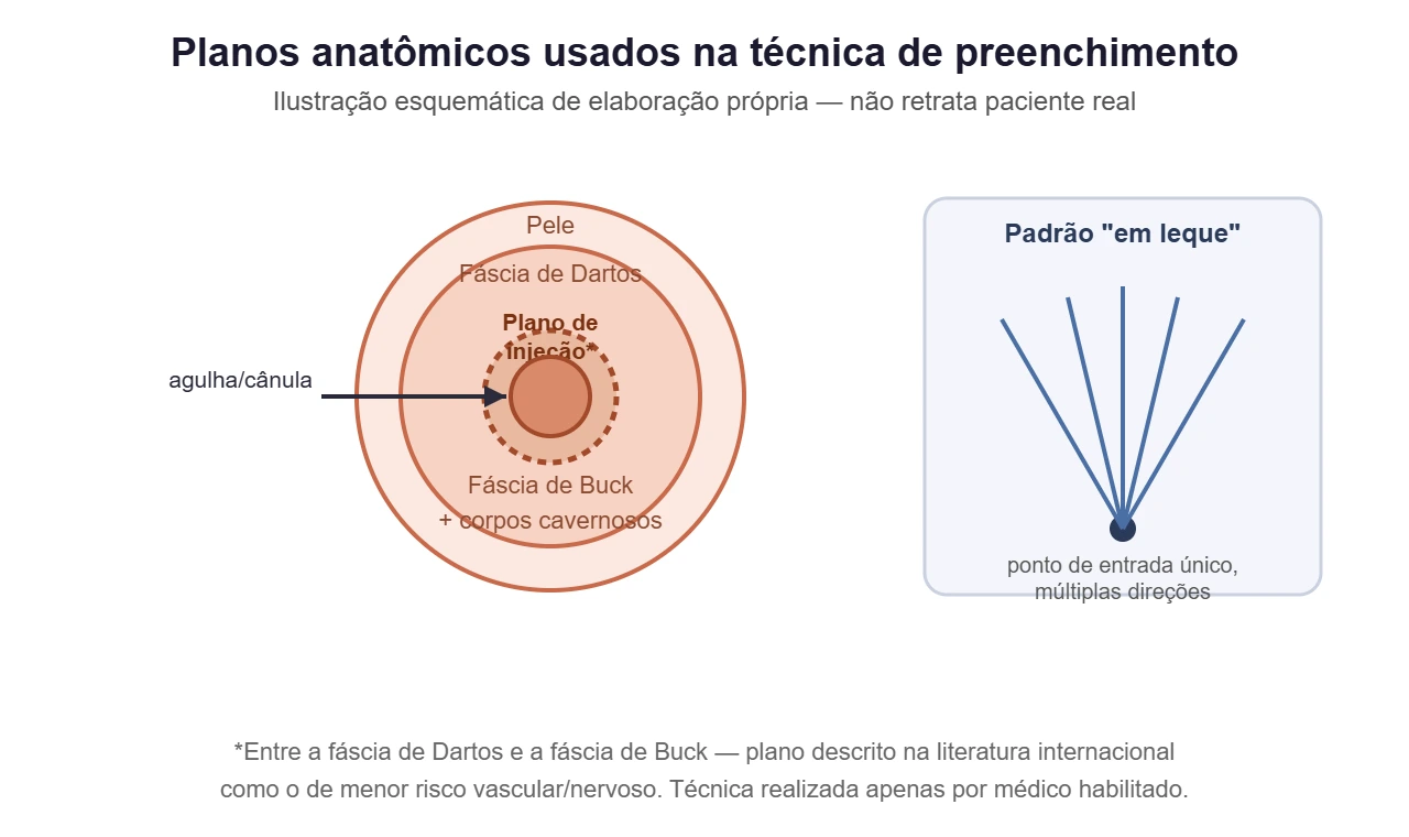 Ilustração esquemática dos planos anatômicos usados na técnica de preenchimento peniano com ácido hialurônico