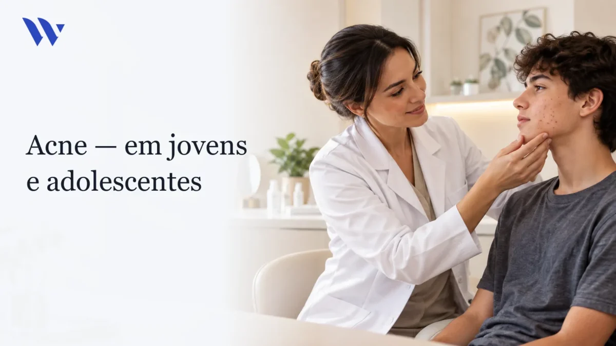 Dermatologista da Clínica Wulkan avaliando paciente em consultório — Acne em jovens e adolescentes