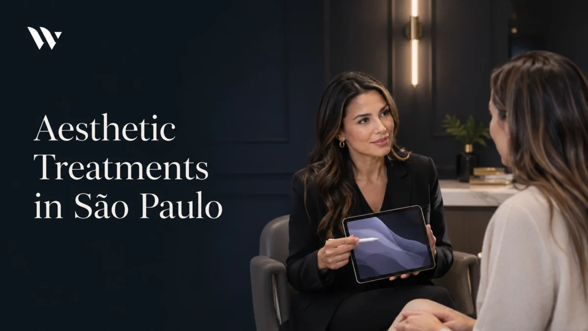Doctor showing a treatment plan on a tablet to a patient — aesthetic treatments in São Paulo