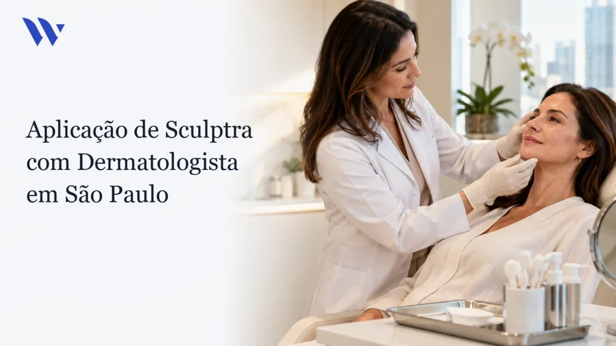 Dermatologista da Clínica Wulkan avaliando paciente em consultório — Aplicação de Sculptra com Dermatologista em São Paulo