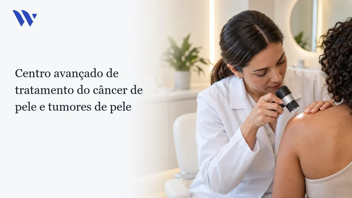 Dermatologista da Clínica Wulkan avaliando paciente em consultório — Centro avançado de tratamento do câncer de pele e tumores de pele