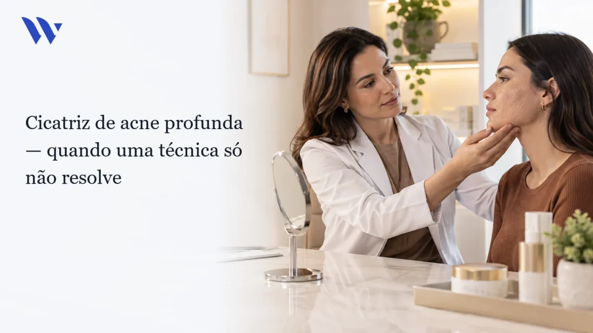 Dermatologista da Clínica Wulkan avaliando paciente em consultório — Cicatriz de Acne Profunda: Quando uma Técnica só não Resolve