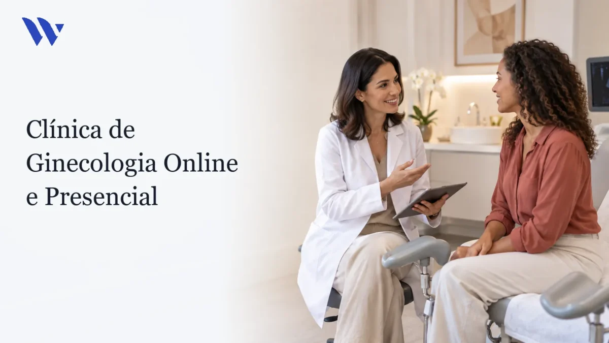 Clínica de Ginecologia Online e Presencial — Clínica Wulkan Dermatologista da Clínica Wulkan avaliando paciente em consultório — Clínica de Ginecologia Online e Presencial