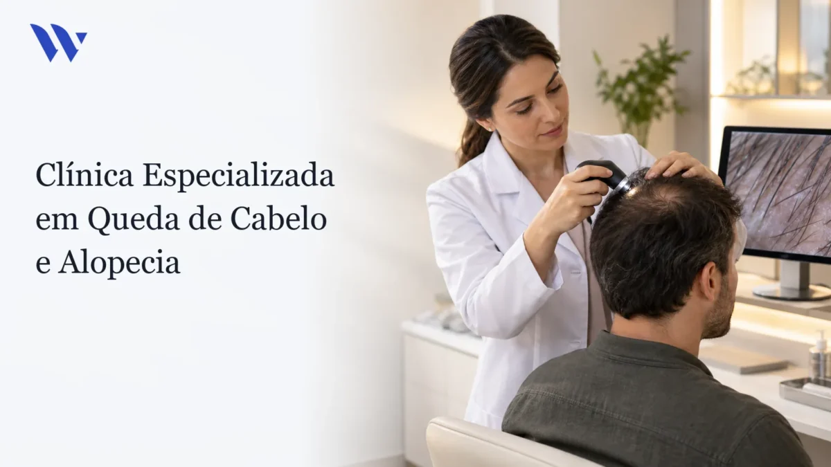 Dermatologista da Clínica Wulkan avaliando paciente em consultório — Clínica Especializada em Queda de Cabelo e Alopecia