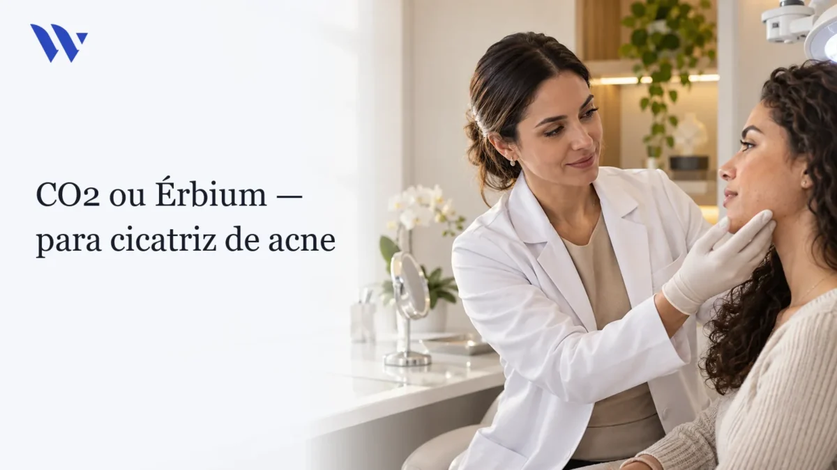 CO2 ou Erbium para Cicatriz de Acne: Qual Escolher — Clínica Wulkan Dermatologista da Clínica Wulkan avaliando paciente em consultório — CO2 ou Erbium para Cicatriz de Acne: Qual Escolher