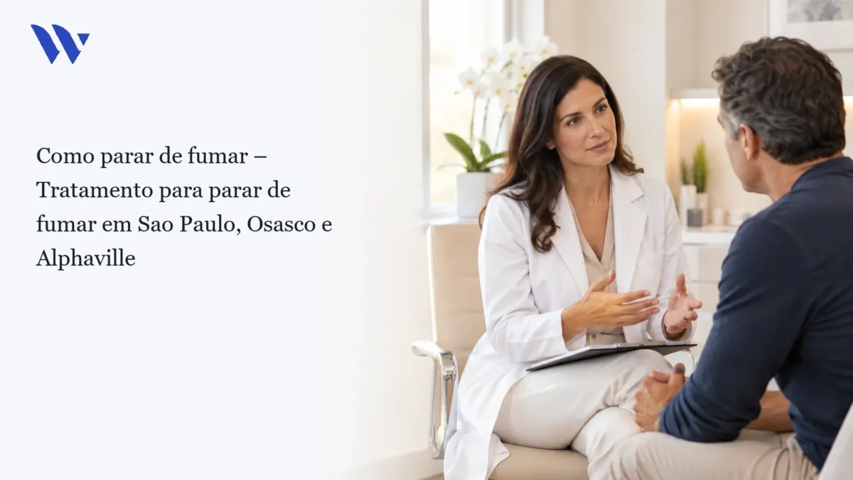 Dermatologista da Clínica Wulkan avaliando paciente em consultório — Como parar de fumar – Tratamento para parar de fumar em Sao Paulo, Osasco e Alphaville