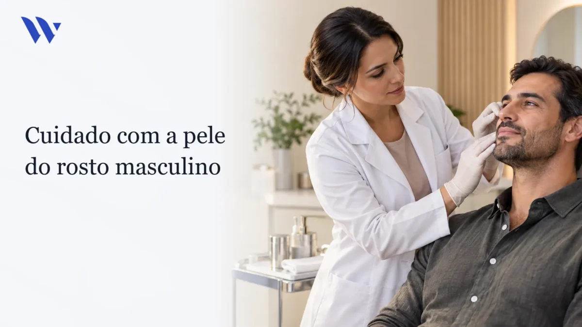 Dermatologista da Clínica Wulkan avaliando paciente em consultório — Cuidado com a pele do rosto masculino