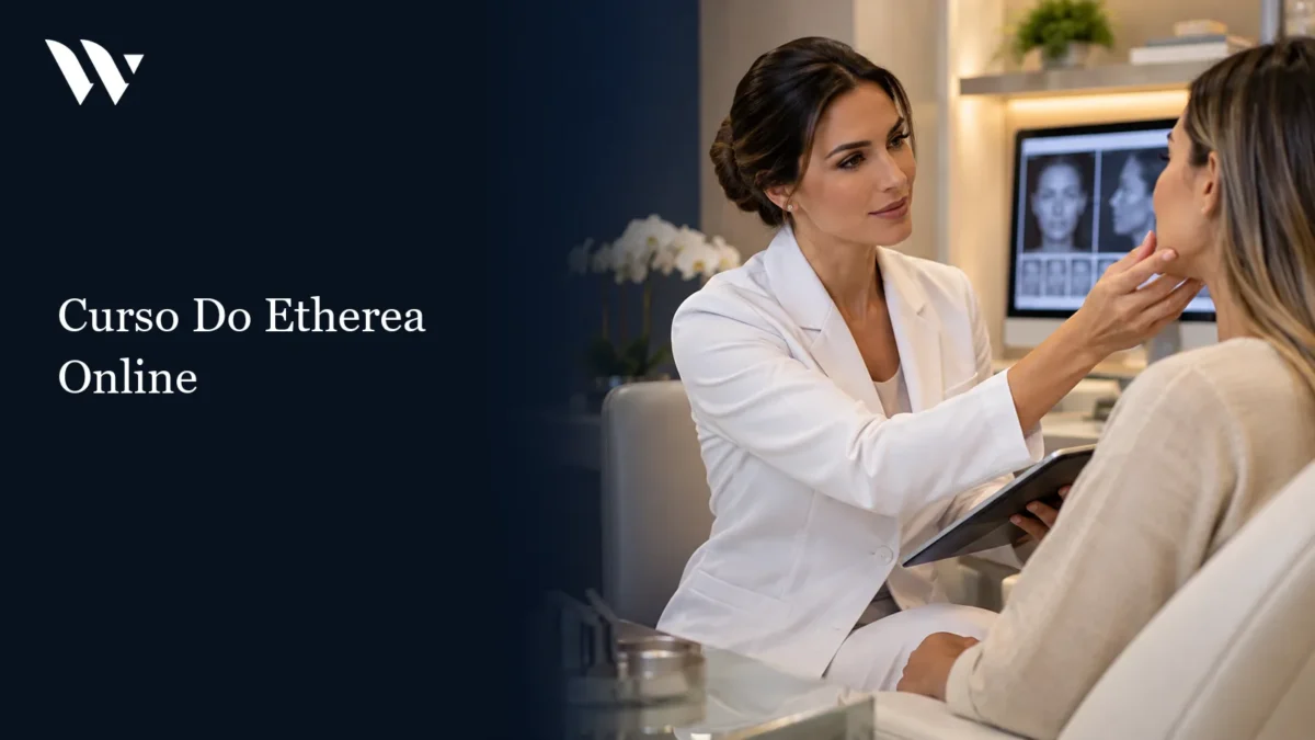 Médica apresentando o conteúdo do treinamento na tela do consultório — curso do Etherea online