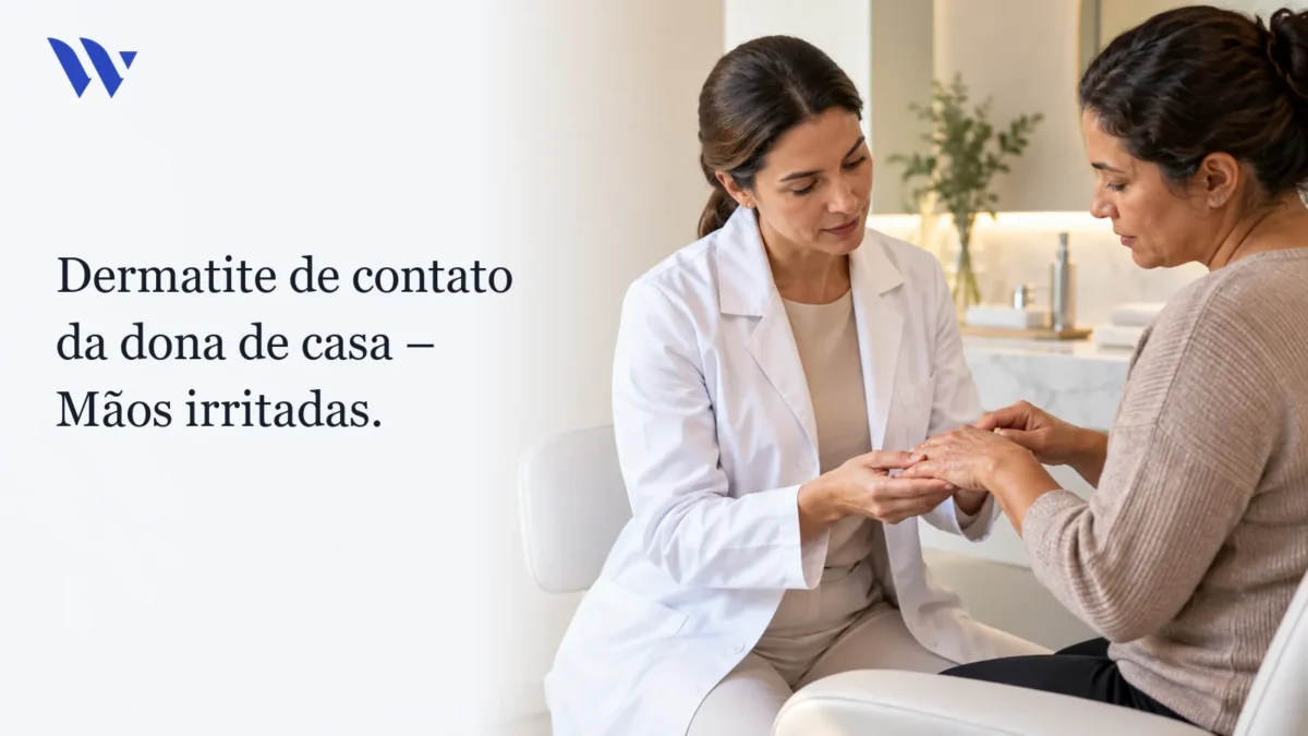 Dermatologista da Clínica Wulkan avaliando paciente em consultório — Dermatite de contato da dona de casa – Mãos irritadas.