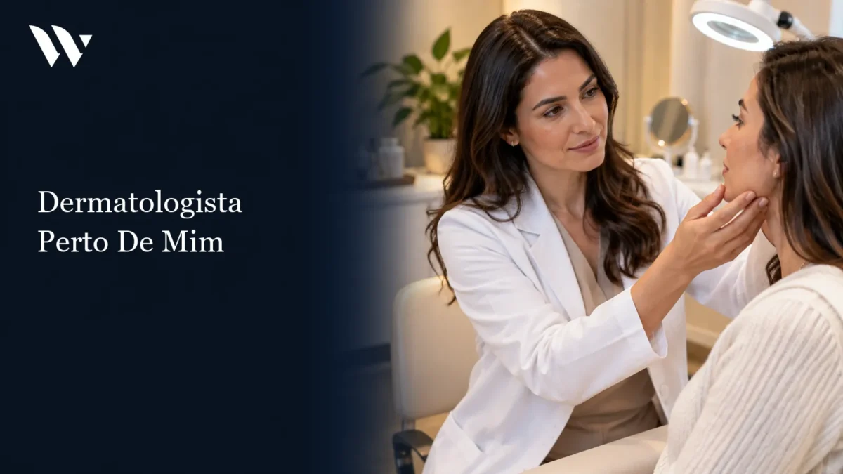 Dermatologista avaliando o rosto de uma paciente em consultório — dermatologista perto de mim