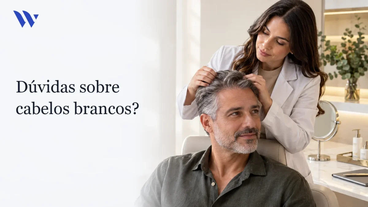 Dermatologista da Clínica Wulkan avaliando paciente em consultório — Dúvidas sobre cabelos brancos?