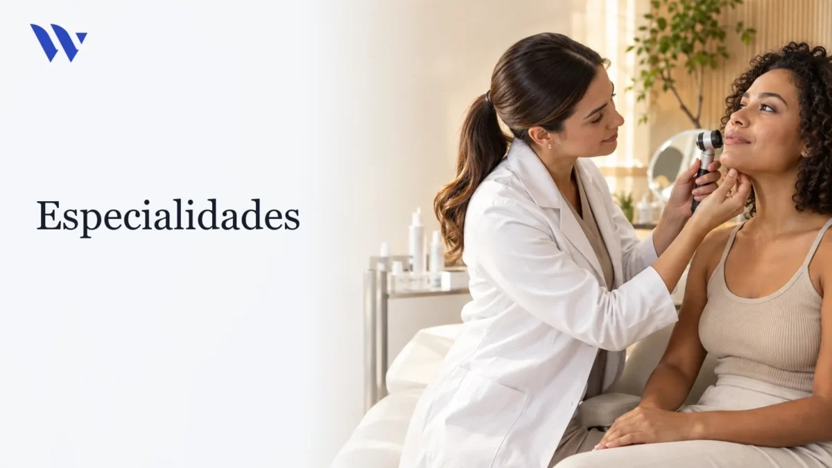 Dermatologista da Clínica Wulkan avaliando paciente em consultório — Especialidades