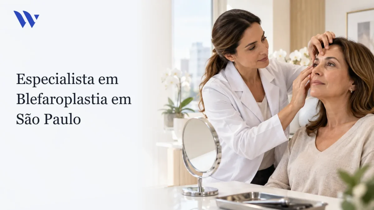 Especialista em Blefaroplastia em São Paulo — Clínica Wulkan Dermatologista da Clínica Wulkan avaliando paciente em consultório — Especialista em Blefaroplastia em São Paulo