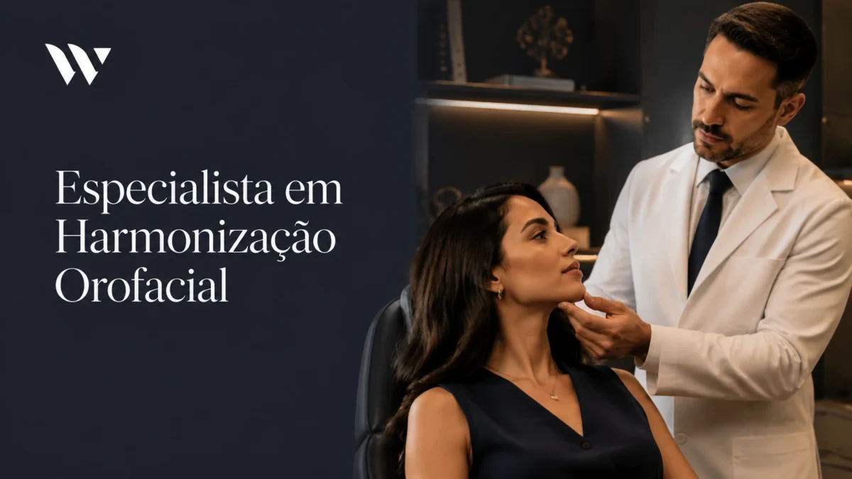 Especialista em harmonização orofacial Médico avaliando o terço inferior do rosto de uma paciente em consulta com especialista em harmonização orofacial