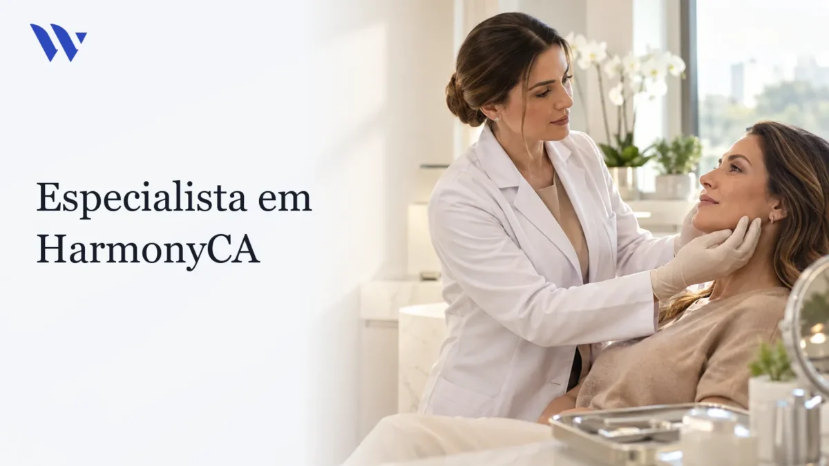 Dermatologista da Clínica Wulkan avaliando paciente em consultório — Especialista em HarmonyCA