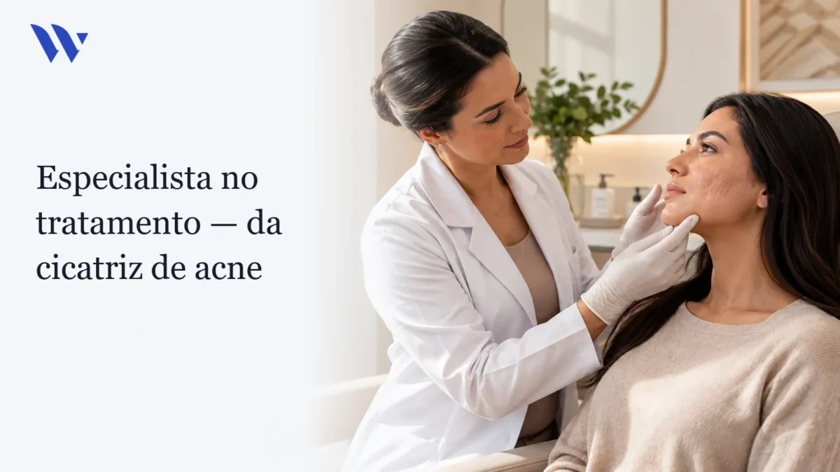 Dermatologista da Clínica Wulkan avaliando paciente em consultório — Especialista no Tratamento da Cicatriz de Acne