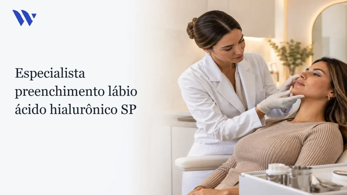 Especialista preenchimento lábio ácido hialurônico SP — Clínica Wulkan Dermatologista da Clínica Wulkan avaliando paciente em consultório — Especialista preenchimento lábio ácido hialurônico SP