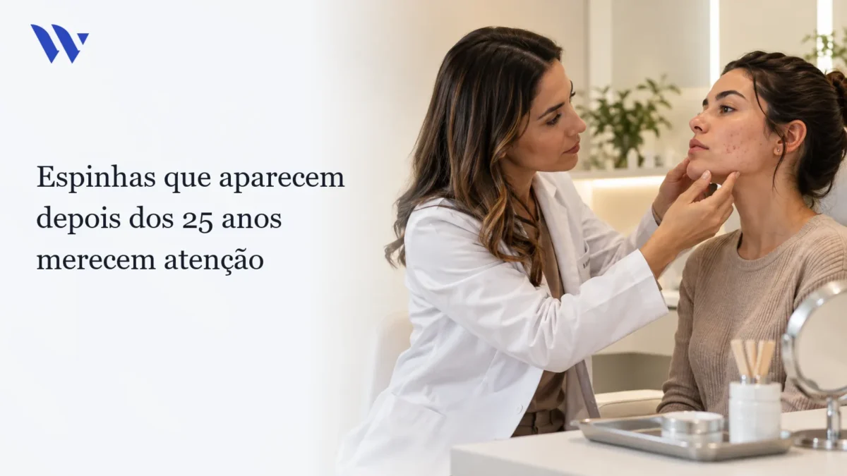 Dermatologista da Clínica Wulkan avaliando paciente em consultório — Espinhas que aparecem depois dos 25 anos merecem atenção