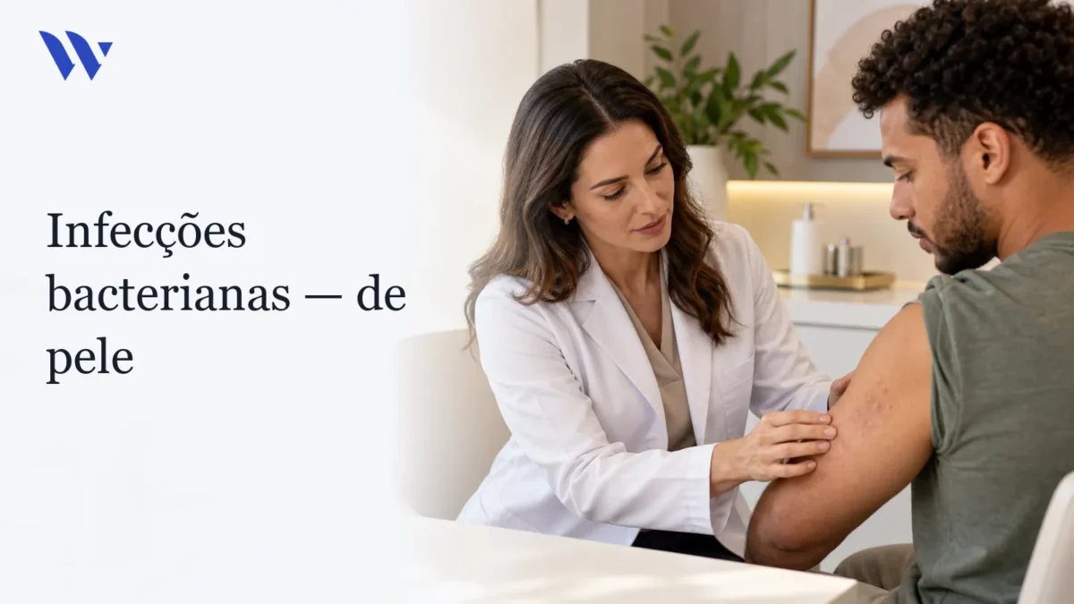 Infeções Bacterianas de Pele — Clínica Wulkan Dermatologista da Clínica Wulkan avaliando paciente em consultório — Infeções Bacterianas de Pele