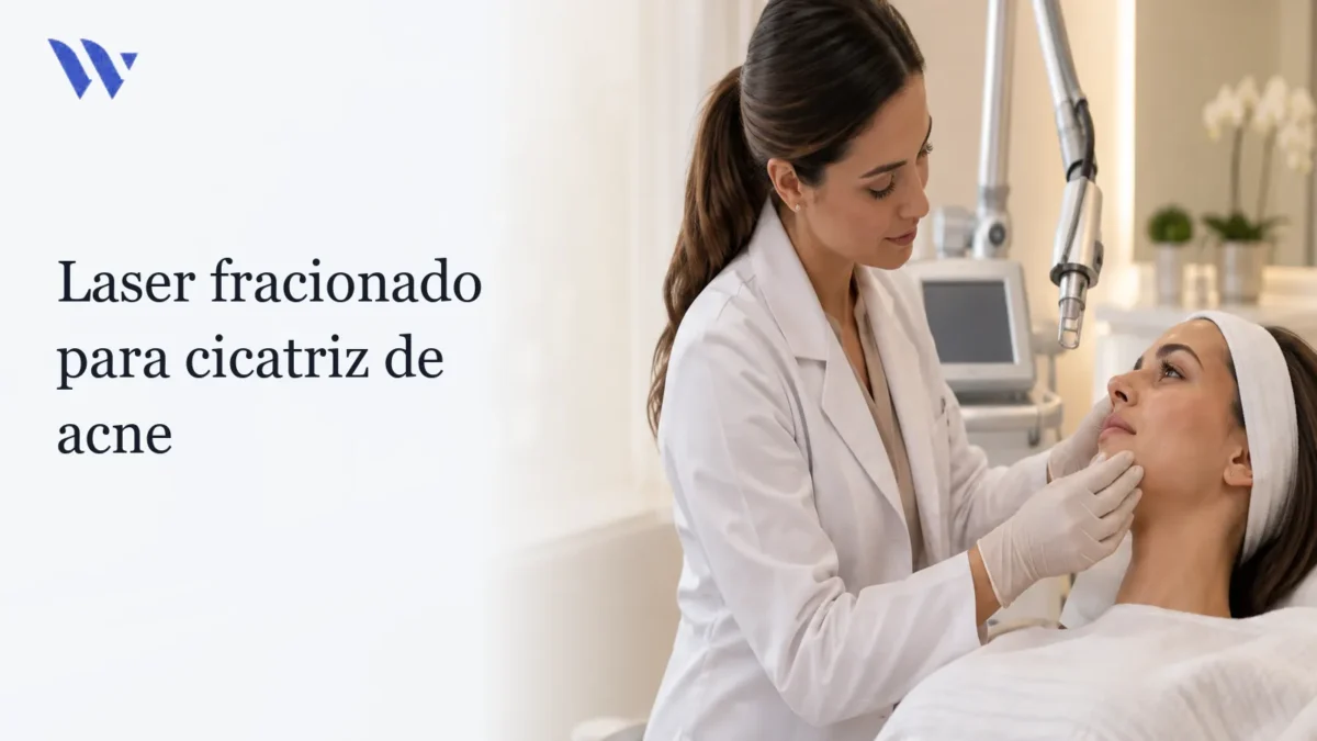 Laser fracionado para cicatriz de acne — Clínica Wulkan Dermatologista da Clínica Wulkan avaliando paciente em consultório — Laser fracionado para cicatriz de acne