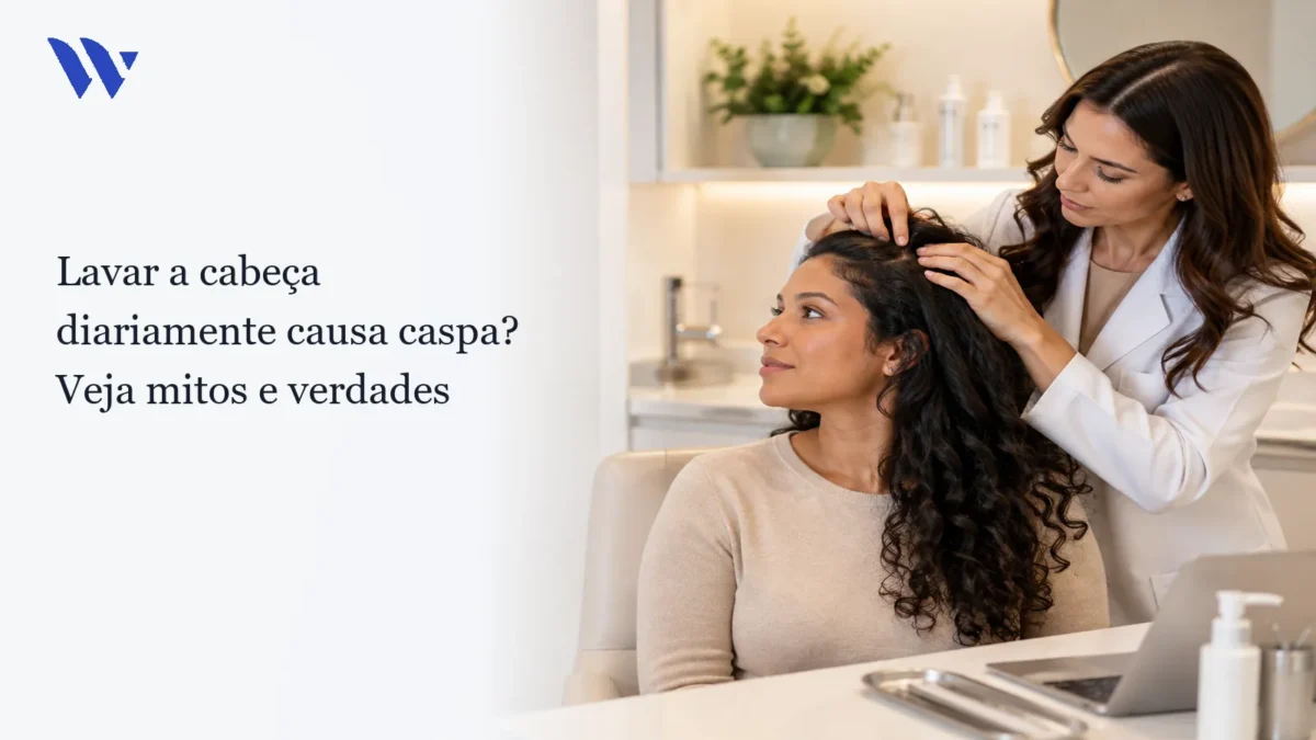 Lavar a cabeça diariamente causa caspa? Veja mitos e verdades — Clínica Wulkan Dermatologista da Clínica Wulkan avaliando paciente em consultório — Lavar a cabeça diariamente causa caspa? Veja mitos e verdades