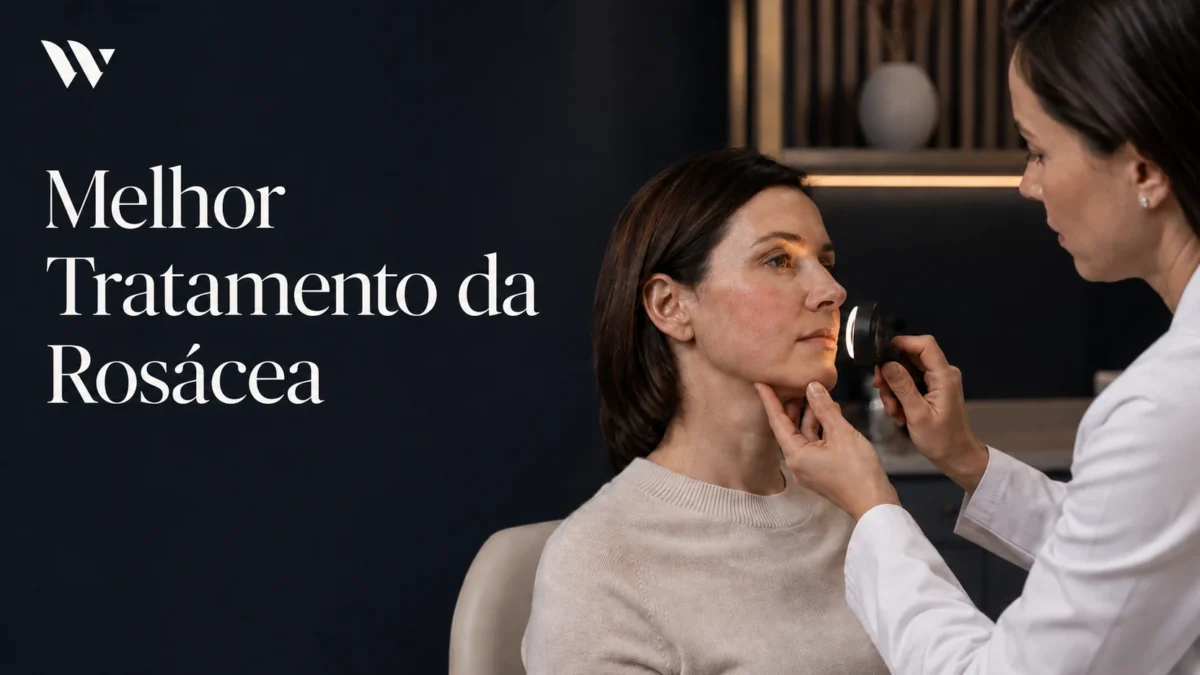 Dermatologista examinando a pele do rosto com dermatoscópio para definir o melhor tratamento da rosácea