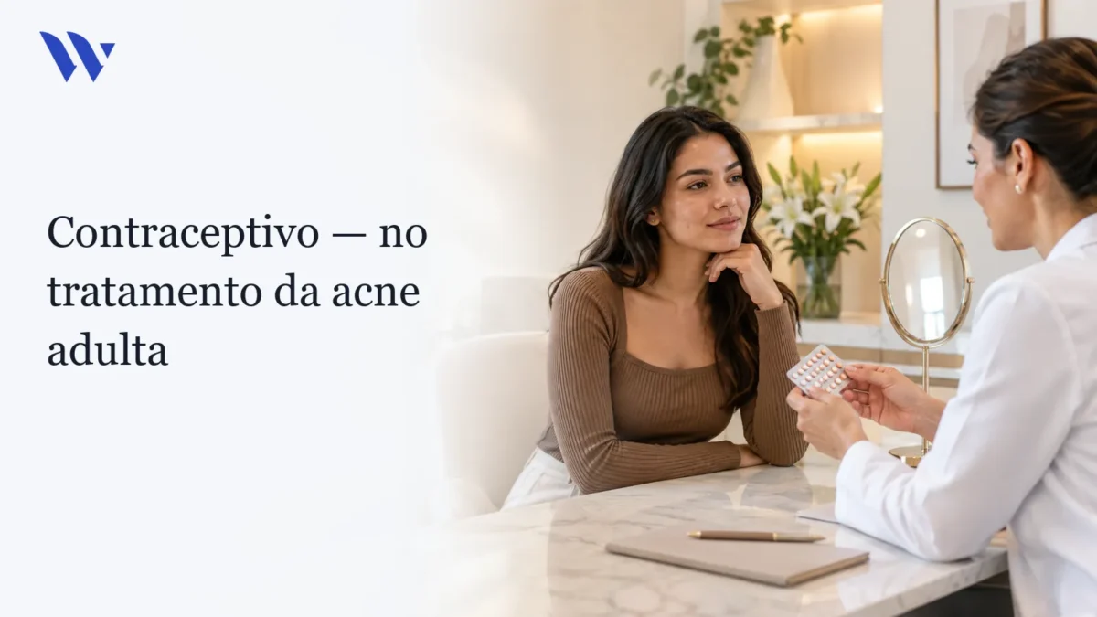 Dermatologista da Clínica Wulkan avaliando paciente em consultório — Métodos contraceptivos podem tratar a acne adulta.
