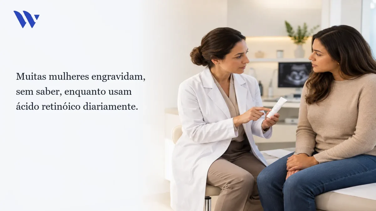 Muitas mulheres engravidam, sem saber, enquanto usam ácido retinóico diariamente. — Clínica Wulkan Dermatologista da Clínica Wulkan avaliando paciente em consultório — Muitas mulheres engravidam, sem saber, enquanto usam ácido retinóico diariamente.