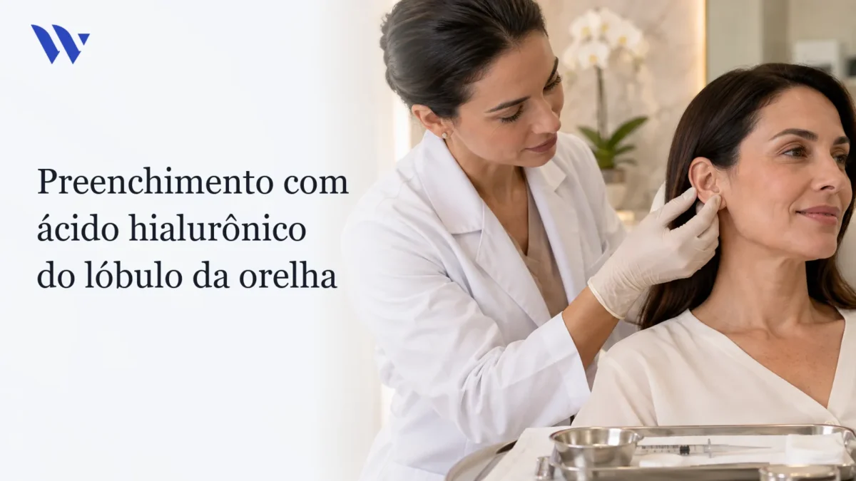 Dermatologista da Clínica Wulkan avaliando paciente em consultório — Preenchimento com ácido hialurônico do lóbulo da orelha