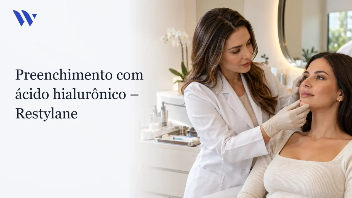 Dermatologista da Clínica Wulkan avaliando paciente em consultório — Preenchimento com ácido hialurônico – Restylane