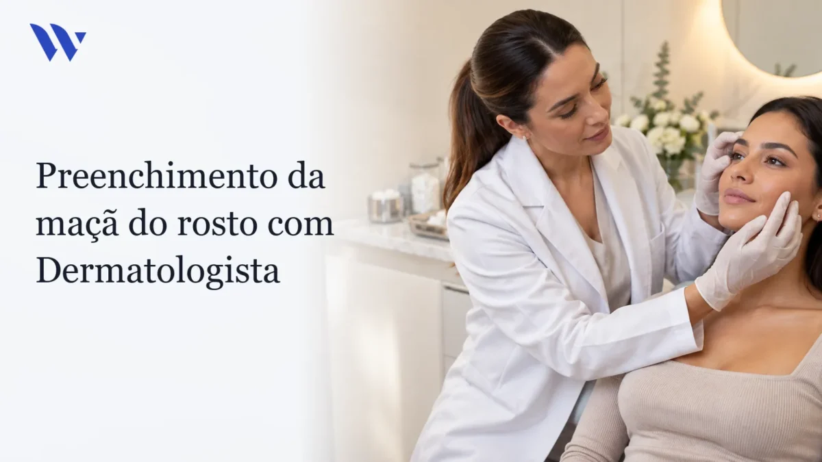 Dermatologista da Clínica Wulkan avaliando paciente em consultório — Preenchimento da maçã do rosto com Dermatologista