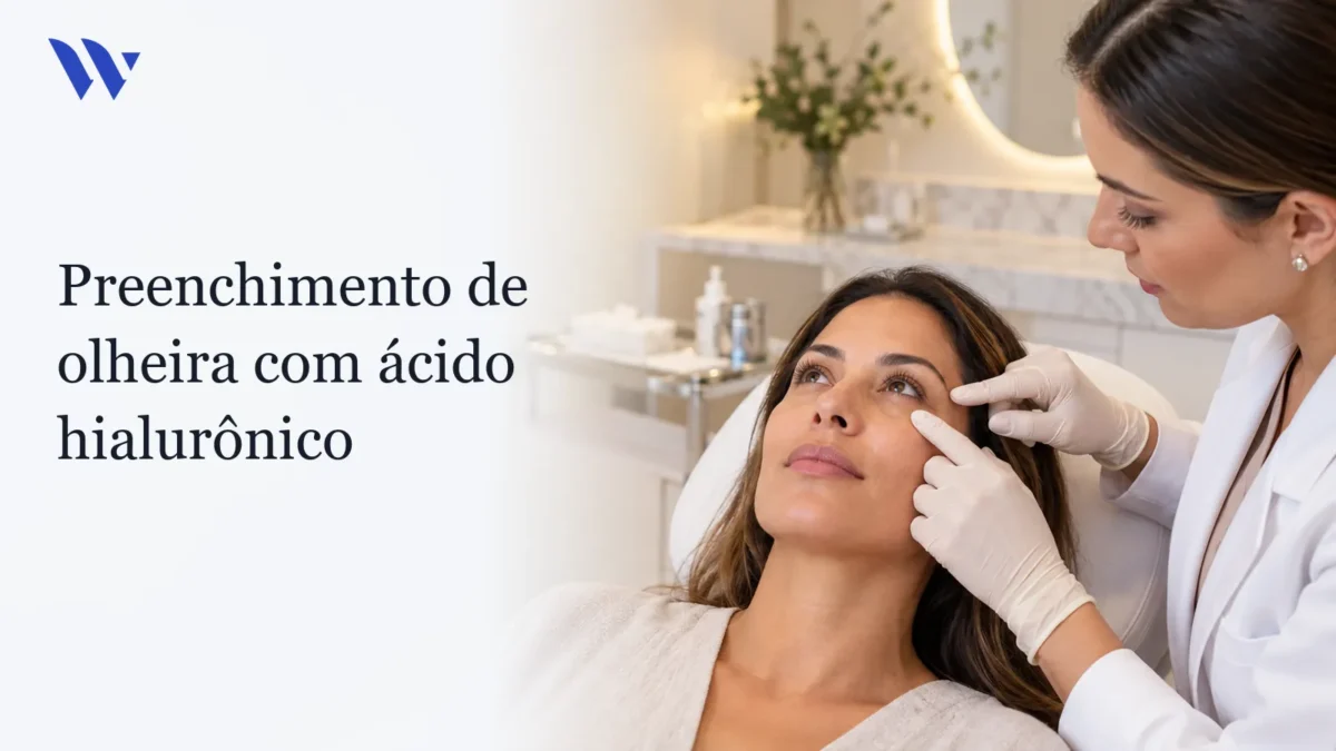 Preenchimento de olheira com ácido hialurônico — Clínica Wulkan Dermatologista da Clínica Wulkan avaliando paciente em consultório — Preenchimento de olheira com ácido hialurônico