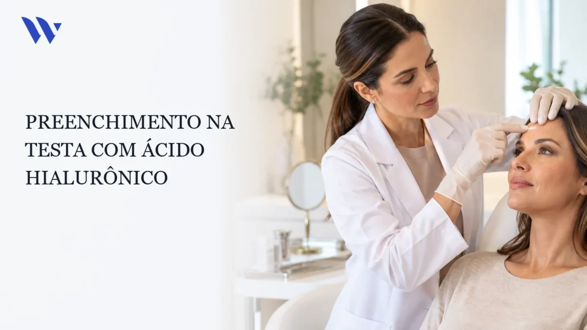 Dermatologista da Clínica Wulkan avaliando paciente em consultório — PREENCHIMENTO NA TESTA COM ÁCIDO HIALURÔNICO