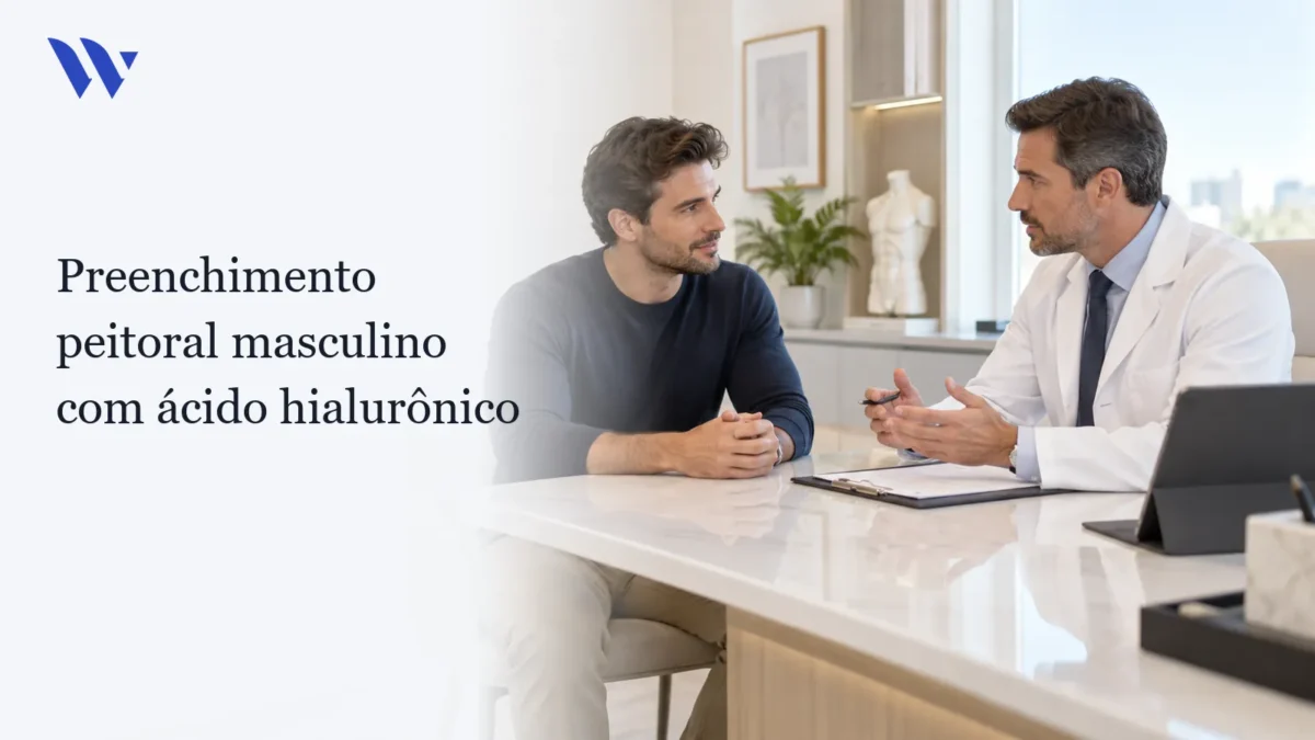 Preenchimento peitoral masculino com ácido hialurônico — Clínica Wulkan Dermatologista da Clínica Wulkan avaliando paciente em consultório — Preenchimento peitoral masculino com ácido hialurônico
