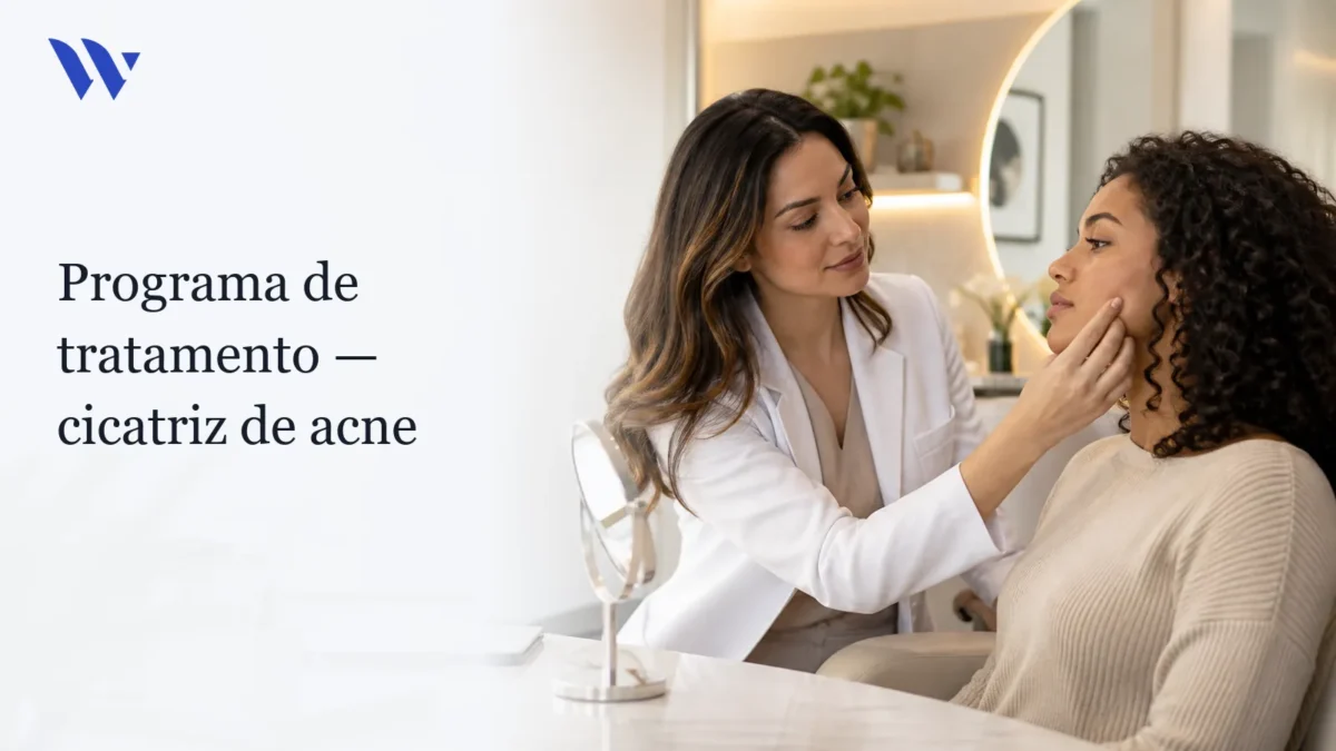 Dermatologista da Clínica Wulkan avaliando paciente em consultório — Programa de tratamento de cicatriz de acne