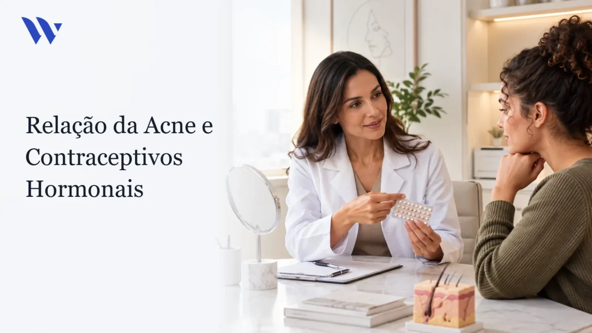 Relação da Acne e Contraceptivos Hormonais — Clínica Wulkan Dermatologista da Clínica Wulkan avaliando paciente em consultório — Relação da Acne e Contraceptivos Hormonais