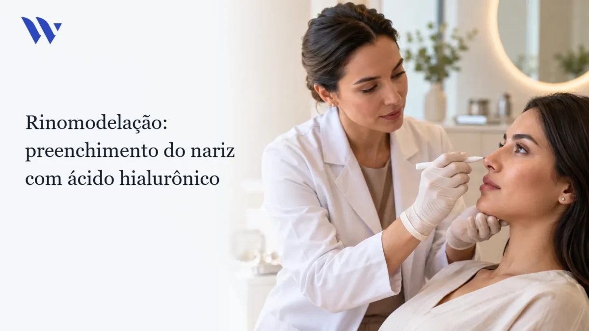 Rinomodelação: preenchimento do nariz com ácido hialurônico — Clínica Wulkan Dermatologista da Clínica Wulkan avaliando paciente em consultório — Rinomodelação: preenchimento do nariz com ácido hialurônico