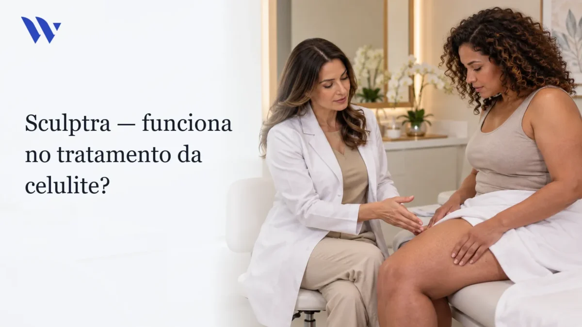 Dermatologista da Clínica Wulkan avaliando paciente em consultório — SCULPTRA : FUNCIONA NO TRATAMENTO DA CELULITE