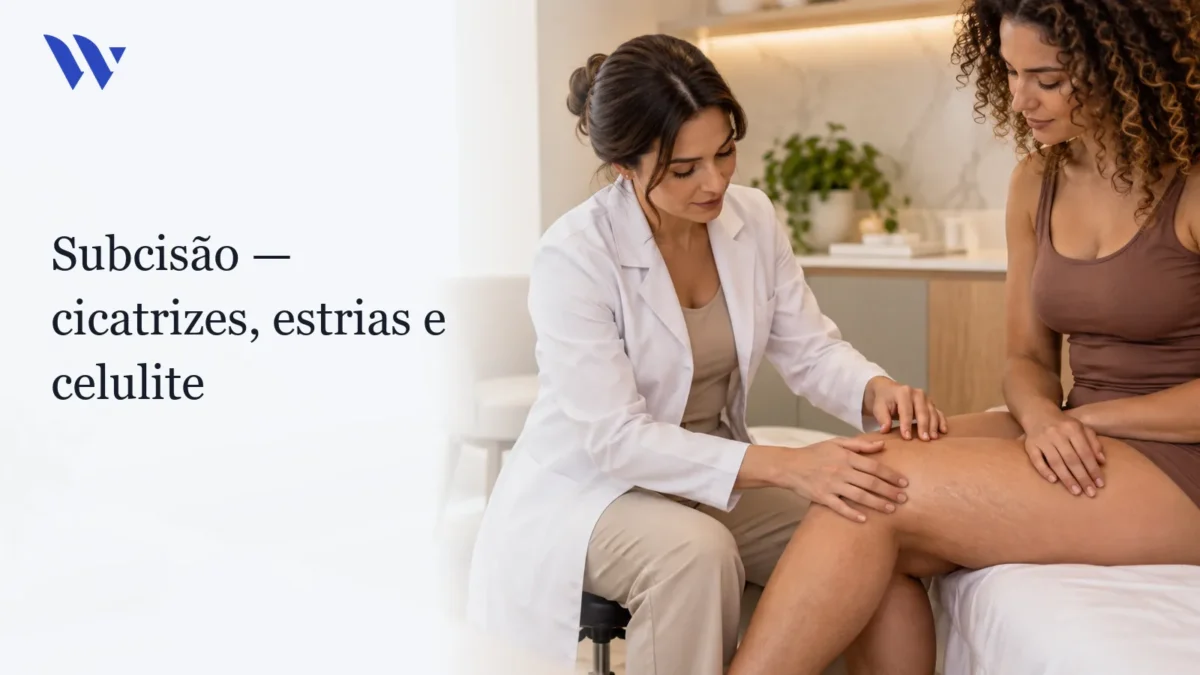 Dermatologista da Clínica Wulkan avaliando paciente em consultório — Subcisão: tratamento de cicatrizes, estrias e celulite