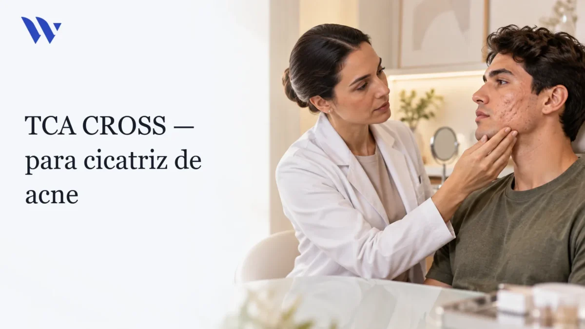 Dermatologista da Clínica Wulkan avaliando paciente em consultório — TCA cross para cicatriz de acne em Sao Paulo