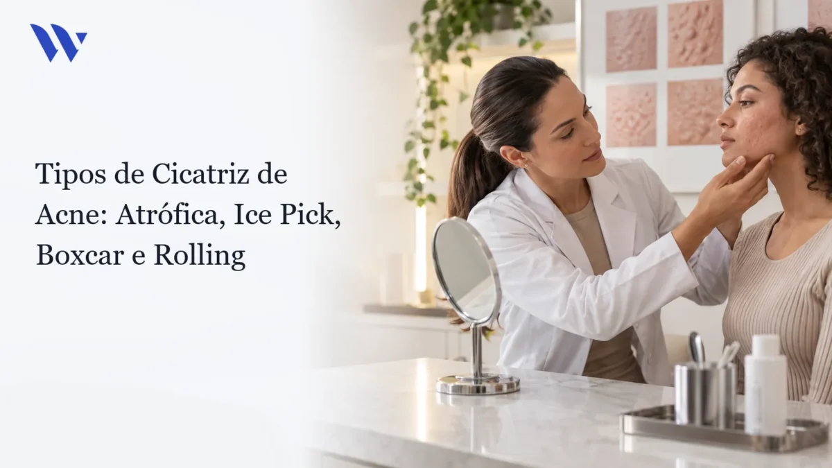 Dermatologista da Clínica Wulkan avaliando paciente em consultório — Tipos de Cicatriz de Acne: Atrófica, Ice Pick, Boxcar e Rolling