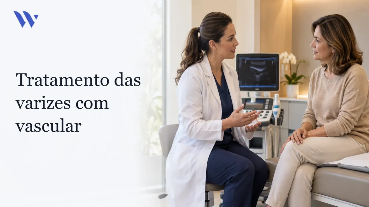 Dermatologista da Clínica Wulkan avaliando paciente em consultório — Tratamento das varizes com vascular