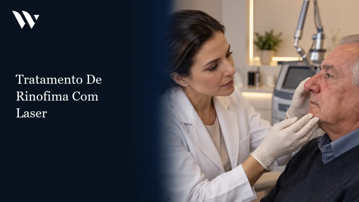 Tratamento de rinofima com laser em São Paulo Médica examinando o nariz de um paciente com rinofima antes do procedimento — tratamento de rinofima com laser