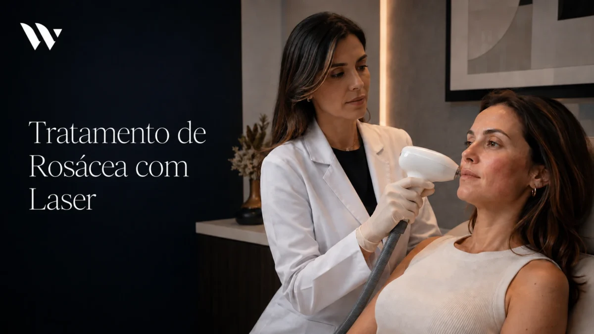 Tratamento de rosácea com laser sendo aplicado no rosto de uma paciente na Clínica Wulkan