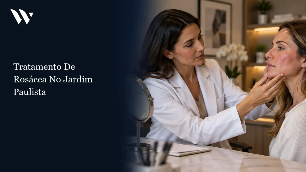 Consulta dermatológica com paciente com vermelhidão no rosto — tratamento de rosácea no Jardim Paulista