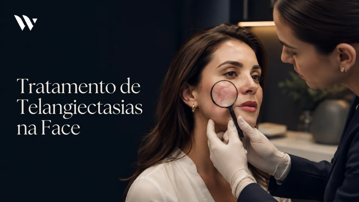 Dermatologista examinando com lupa os vasinhos na bochecha de uma paciente antes do tratamento de telangiectasias na face